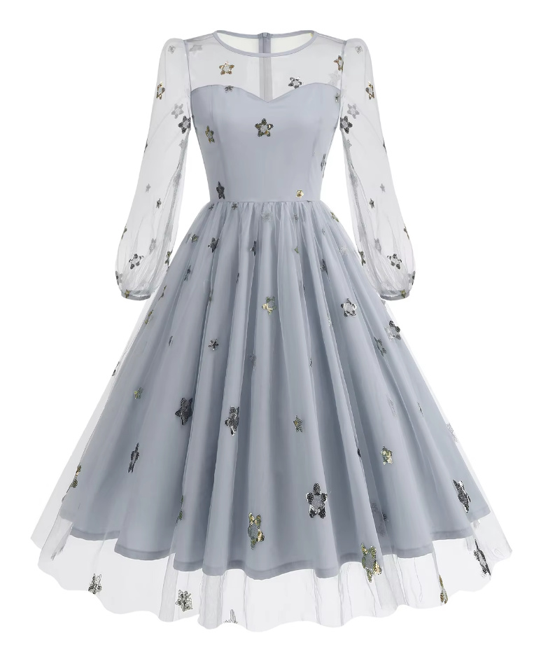 A Linie Langarm 50er Rockabilly Kleid Knielang in Silber mit Pailletten Blumen