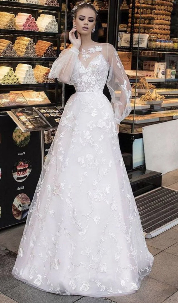 A Linie Langarm Brautkleid Bridget Voll Bestickt mit Tüll&nbsp;Ärmel