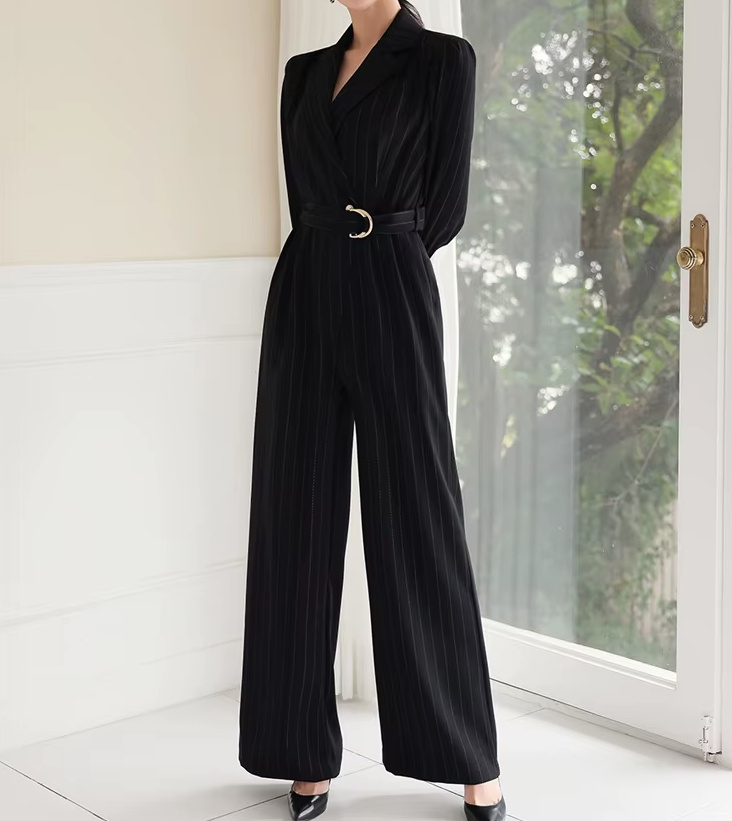 A Linie Nadelstreifen Jumpsuit Einteiler Lang Elegant in&nbsp;Schwarz