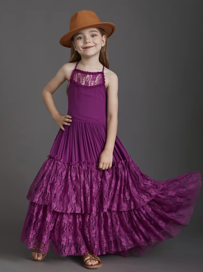 A Linie Spaghettiträger Boho Style Blumenmädchenkleid Charlott in&nbsp;Lila