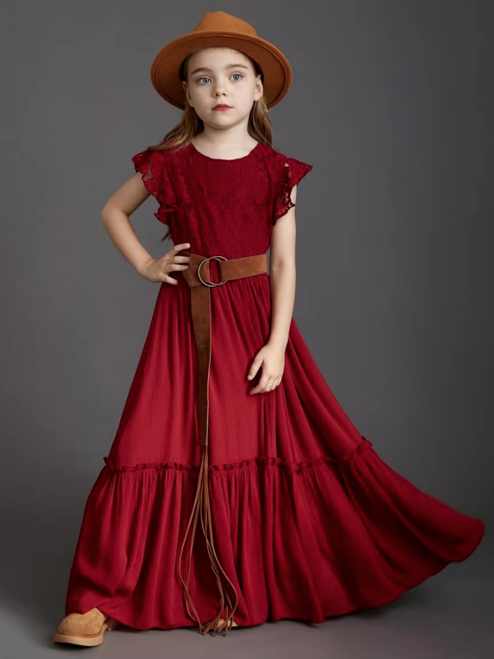 A Linie Spaghettiträger Boho Style Blumenmädchenkleid Christin in&nbsp;Dunkelrot