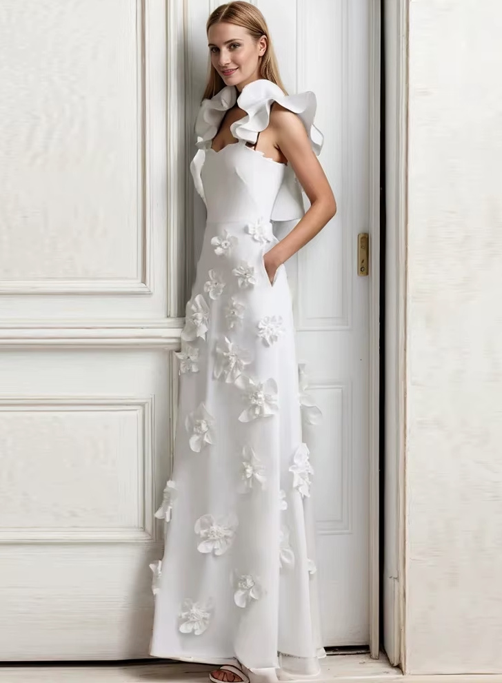 A Linie Standesamtkleid Danika mit Rüschen Träger und&nbsp;Blumen