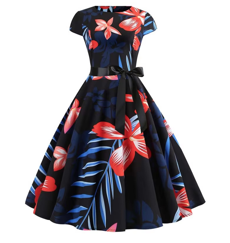 A Linie Vintage 60er Rockabilly Kleid Caroline Knielang Schwarz mit&nbsp;Blumenmuster