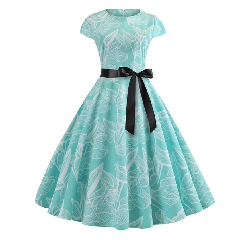 A Linie Vintage 60er Rockabilly Kleid Cécile Knielang hellgrün mit&nbsp;Blumenmuster