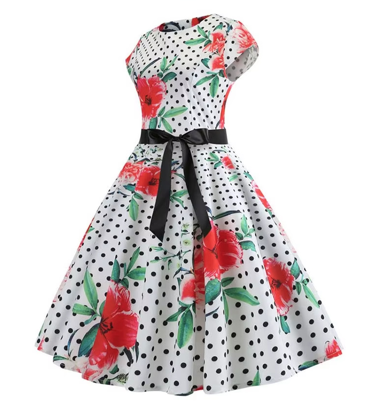 A Linie Vintage 60er Rockabilly Kleid Christel Knielang mit&nbsp;Blumenmuster