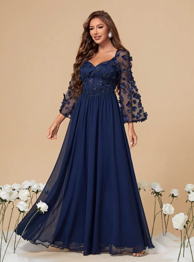 A Linie Langarm Kleid Elegant für Hochzeitsgäste in Dunkelblau mit Blumen
