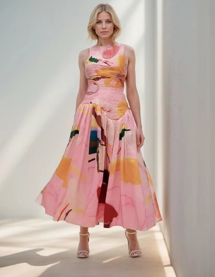 Ärmelloses A Linie Kleid Elegant in Rosa mit Muster&nbsp;Knöchellang