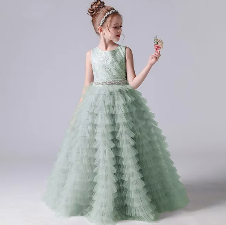 Ärmelloses A Linie Tüll Blumenmädchenkleid Bodenlang in Hellgrün mit&nbsp;Spitze