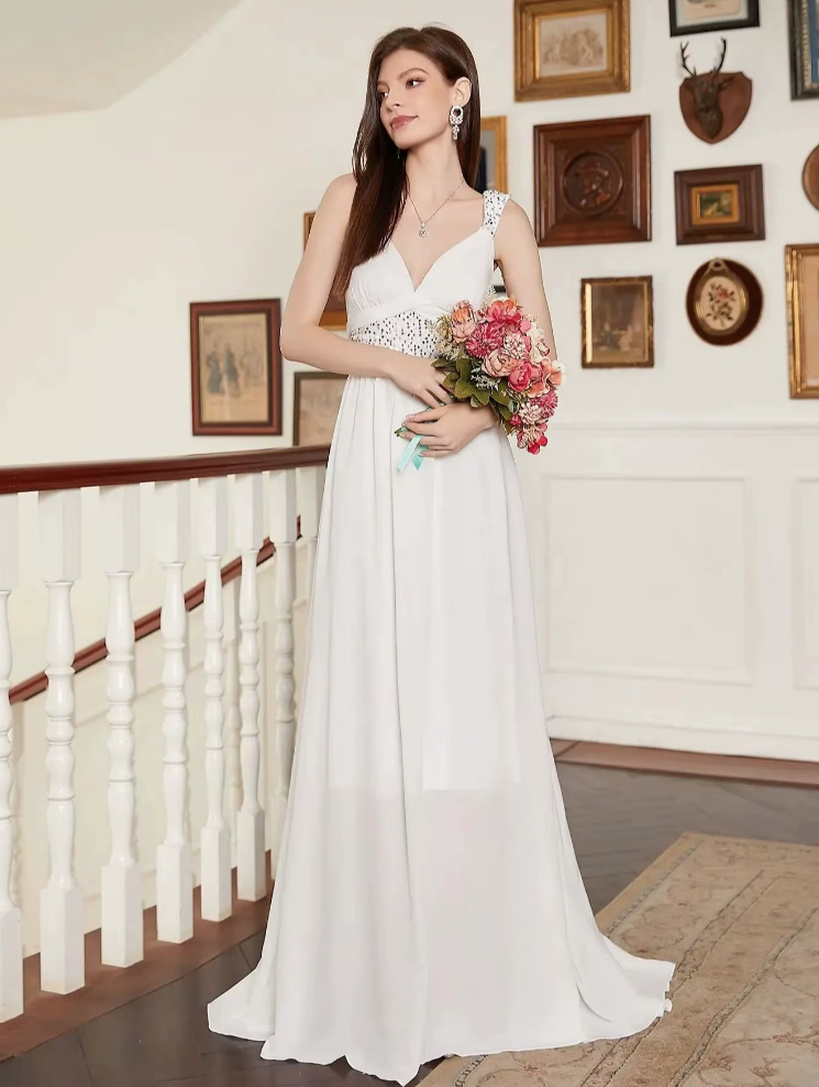 Ärmelloses Empire Standesamtkleid in Weiß mit&nbsp;Pailletten