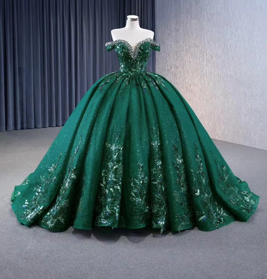 Ball Linie Brautkleid Diana Schulterfrei in Dunkelgrün mit Stickereien Spitze und&nbsp;Strass