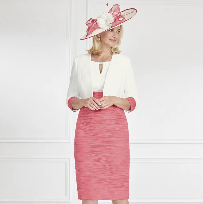 Bleistift Etui Brautmutterkleid Dorothea Knielang mit Blazer Jacke in Rosa&nbsp;Weiß