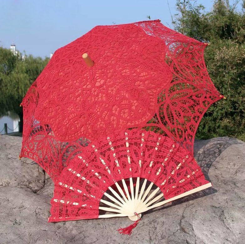 Brautschirm Dinah mit Fächer im Set&nbsp;Rot