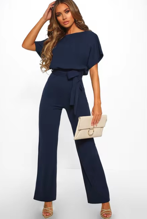 Damen Overall Jumpsuit Einteiler Caroline Elegant mit Schleife in&nbsp;Marineblau