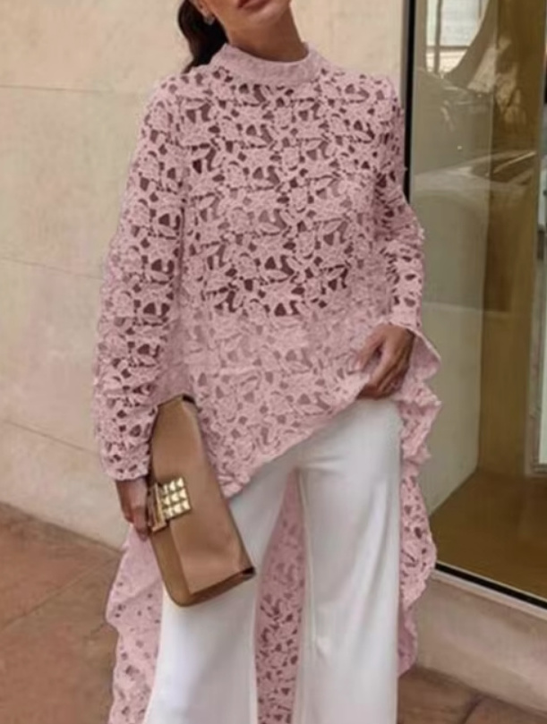 Elegante Langarm Bluse Delenn Vorne Kurz Hinten Lang aus Spitze in&nbsp;Rosa