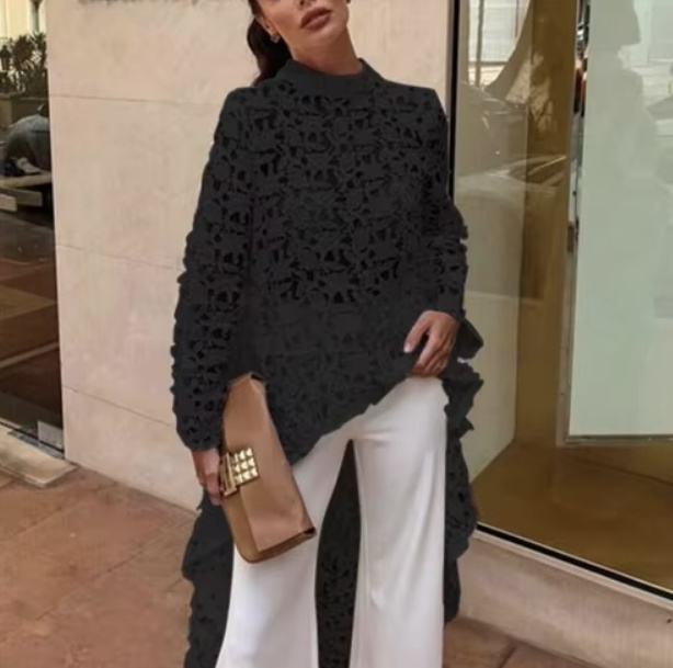 Elegante Langarm Bluse Delenn Vorne Kurz Hinten Lang aus Spitze in&nbsp;Schwarz