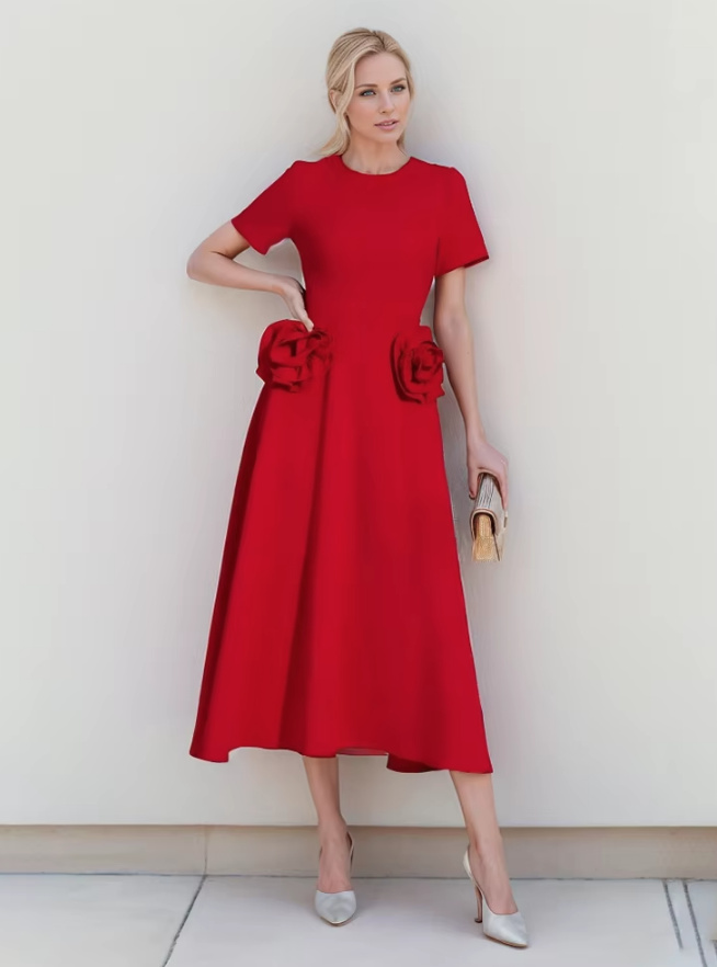 Elegantes A Linie Damen Kleid Wadenlang in Rot mit 3D&nbsp;Blumen