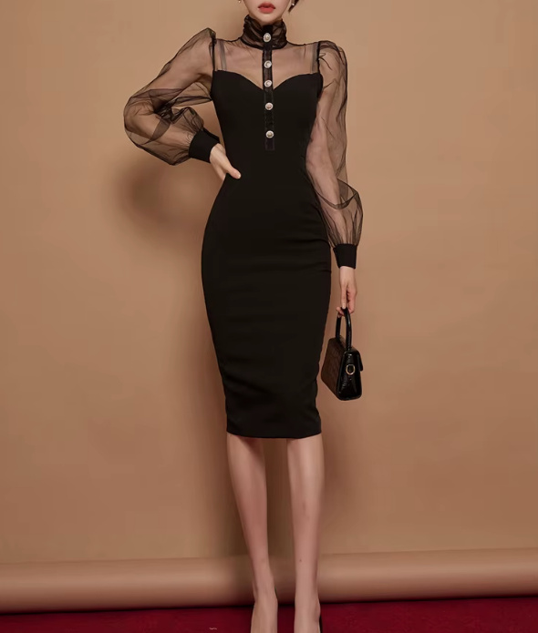 Elegantes Etui Bodycon Kleid Wadenlang in Schwarz mit Mesh&nbsp;Ärmel