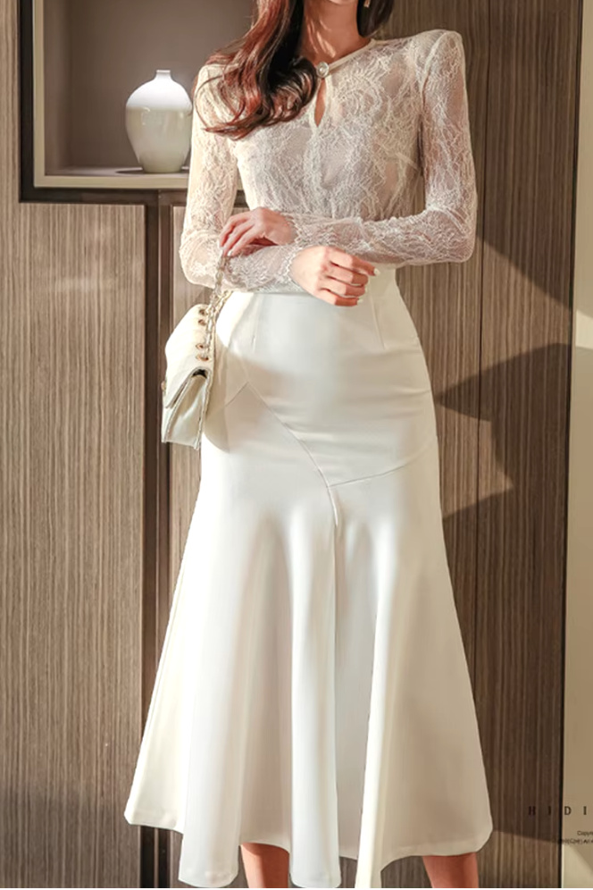 Fit and Flare Patchwork Langarm Standesamtkleid Catherine&nbsp;Wadenlang