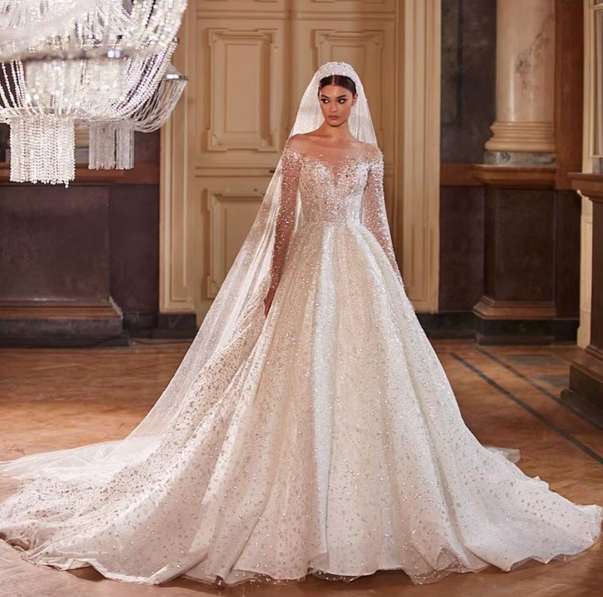 Glitzer Langarm Ball Linie Brautkleid Deike mit Illusion Ausschnitt und&nbsp;Schleppe