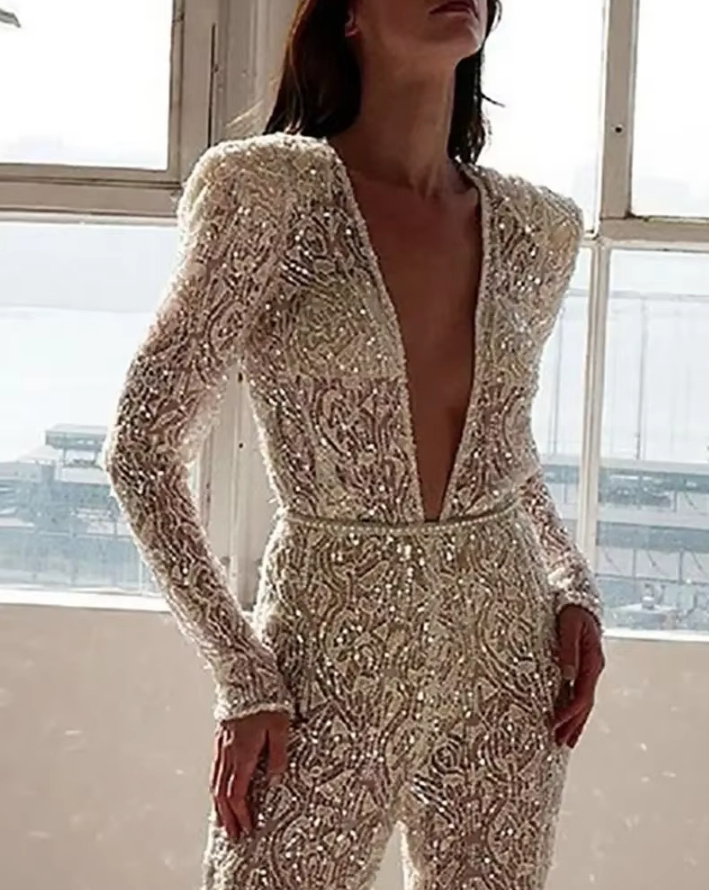 Glitzer Pailletten Overall Jumpsuit Einteiler Charlie mit Sexy V Ausschnitt in&nbsp;Weiß