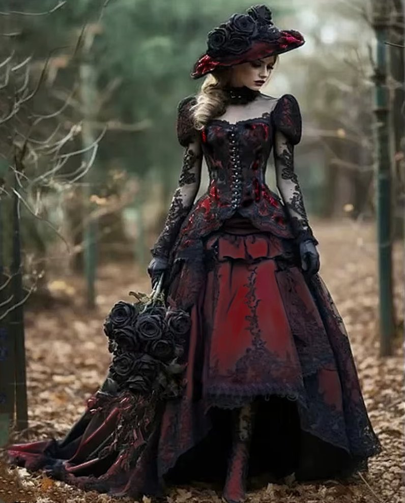 Gothic Style Vintage Brautkleid Doris Schwarz Rot mit&nbsp;Spitze