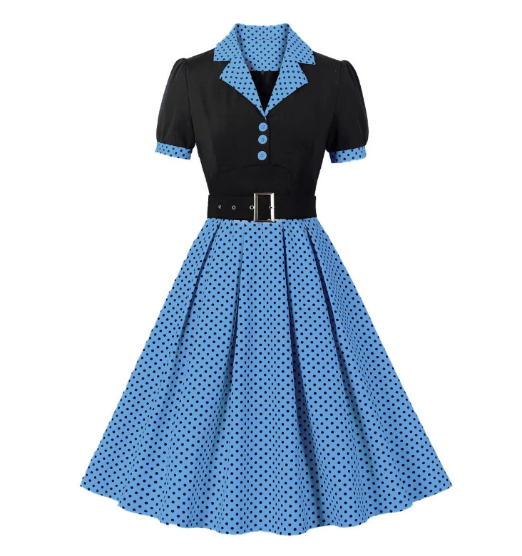 Kurzarm A Linie 50er Rockabilly Kleid Celes Knielang Blau Schwarz&nbsp;Gepunktet