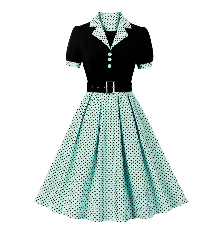 Kurzarm A Linie 50er Rockabilly Kleid Celes Knielang Hellgrün Schwarz&nbsp;Gepunktet