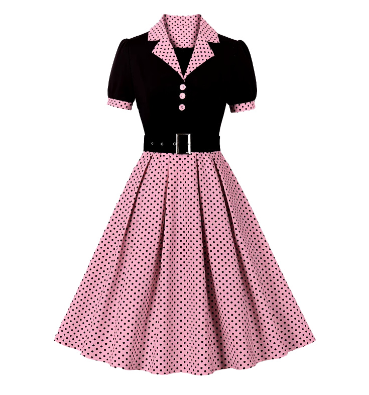 Kurzarm A Linie 50er Rockabilly Kleid Celes Knielang Rosa Schwarz&nbsp;Gepunktet
