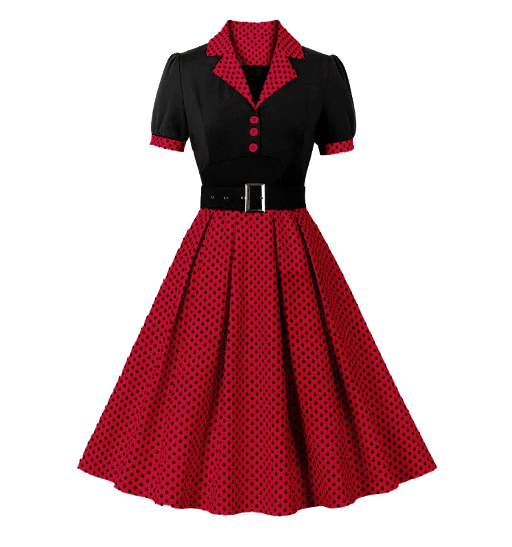Kurzarm A Linie 50er Rockabilly Kleid Celes Knielang Rot Schwarz&nbsp;Gepunktet