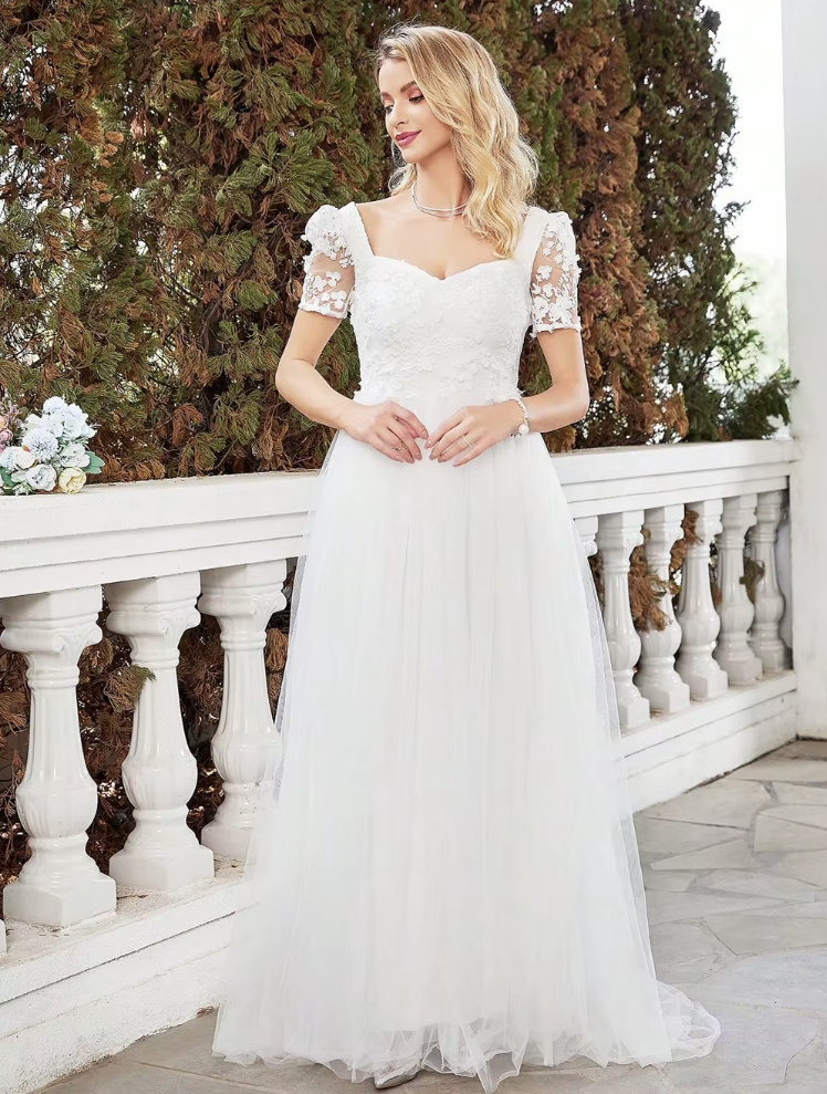 Kurzarm A Linie Standesamtkleid mit Rückenausschnitt Bodenlang