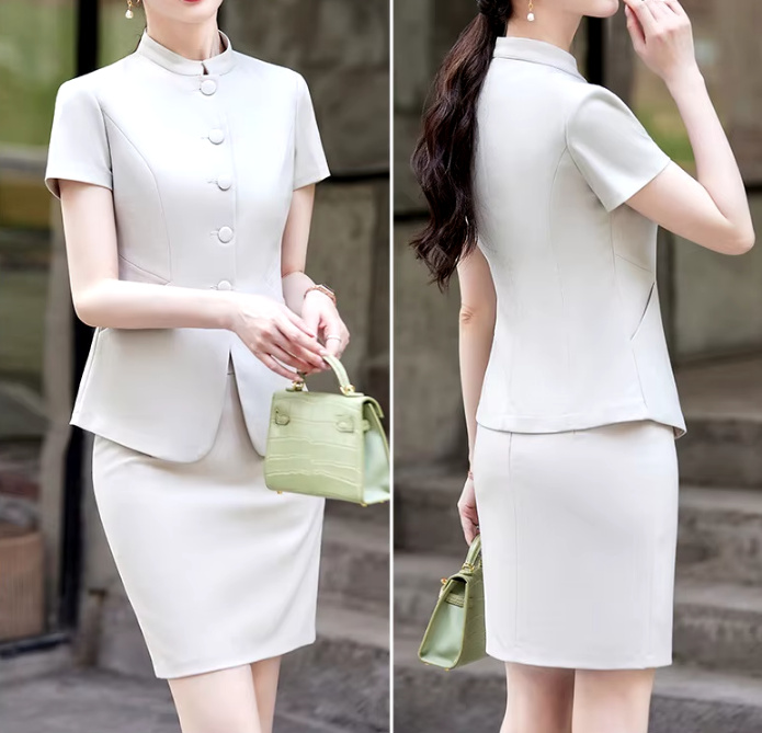 Kurzarm Damen Kostüm Elegant in Creme mit&nbsp;Stehkragen