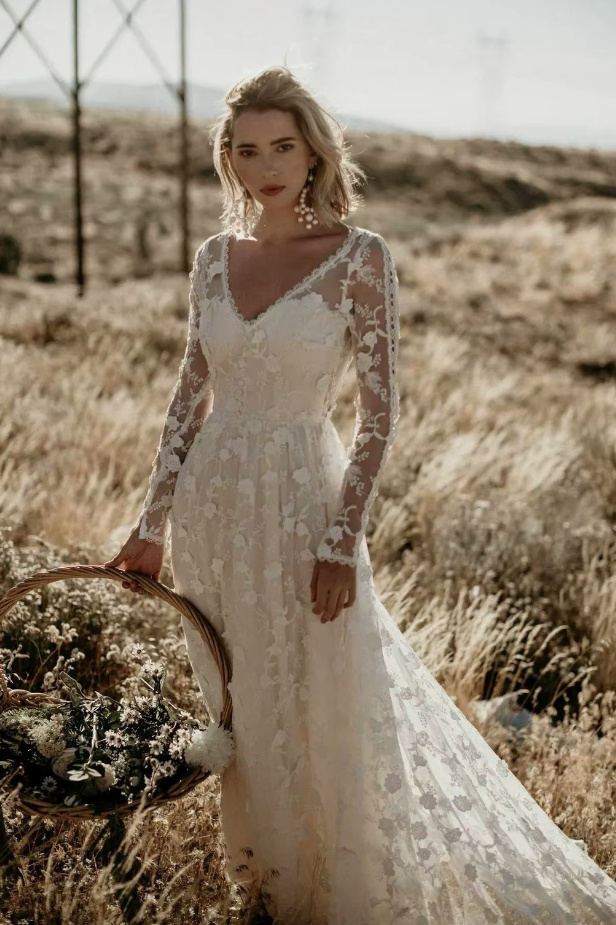 Langarm A Linie Boho Style Brautkleid Danika aus&nbsp;Spitze