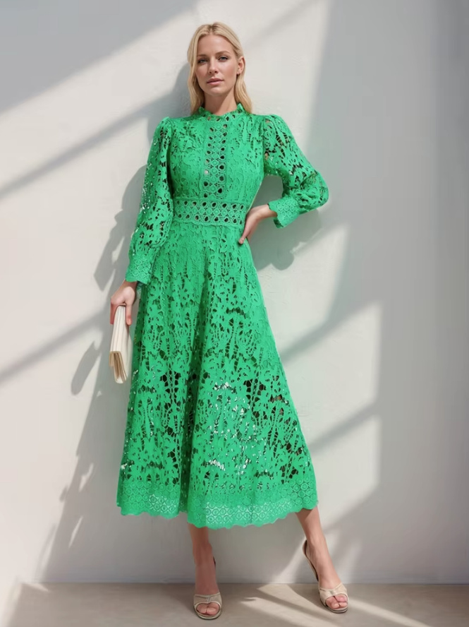 Langarm A Linie Maxi Kleid Elegant aus Spitze Wadenlang in&nbsp;Grün