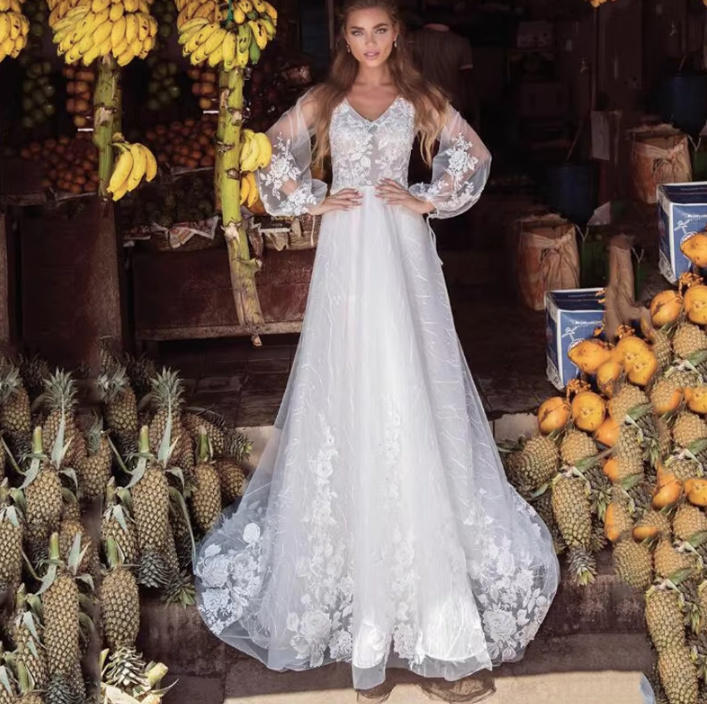 Langarm Boho Brautkleid Dido aus Blumenspitze&nbsp;Lang