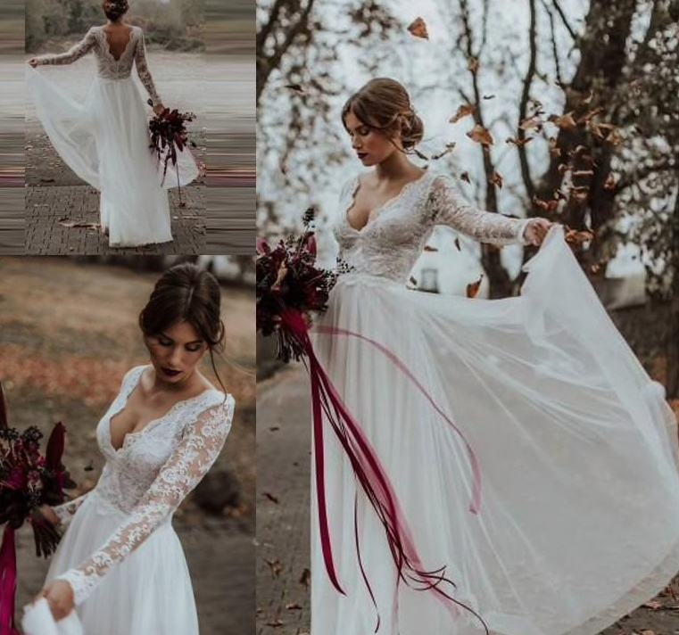 Langarm Chiffon Brautkleid Dorina mit V&nbsp;Ausschnitt