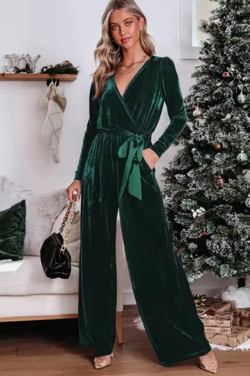 Langarm Einteiler Overall Elegant in Dunkelgrün mit V&nbsp;Ausschnitt