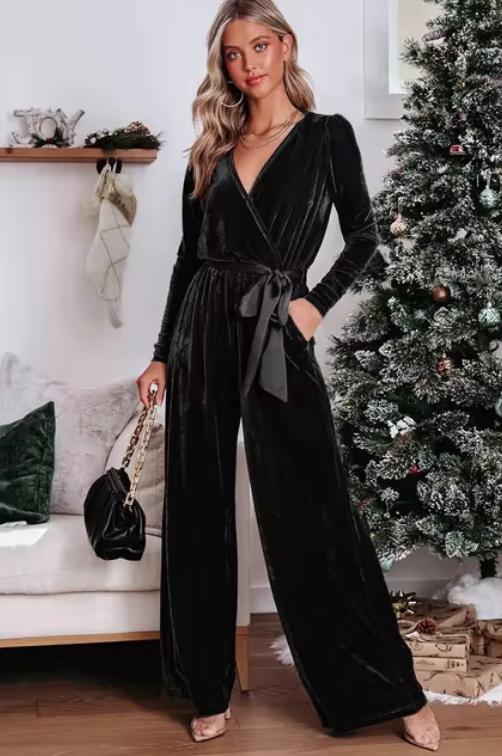 Langarm Einteiler Overall Elegant in Schwarz mit V&nbsp;Ausschnitt