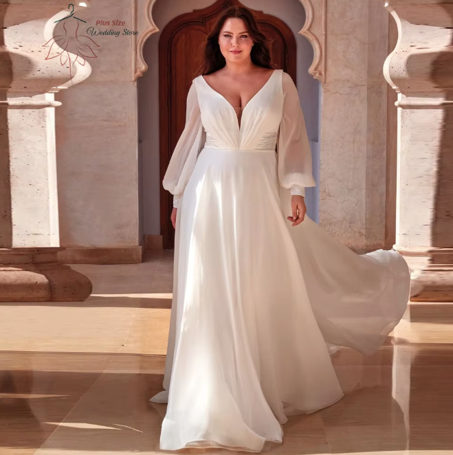 Langarm Empire Curvy Brautkleid mit Chiffon&nbsp;Ärmel
