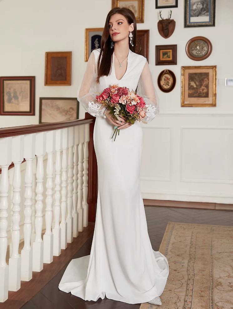 Langarm Fit and Flare Standesamtkleid mit Pinselschleppe und Mesh&nbsp;Ärmel