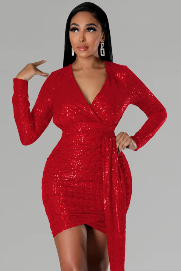 Langarm Mini Pailletten Kleid Cocktailkleid in&nbsp;Rot