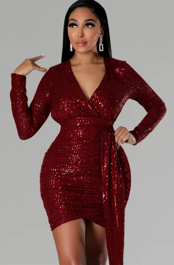 Langarm Mini Pailletten Kleid Cocktailkleid in&nbsp;Weinrot