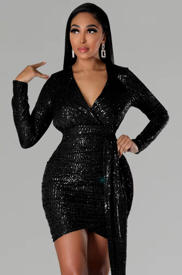 Langartm Mini Pailletten Kleid Cocktailkleid in&nbsp;Schwarz