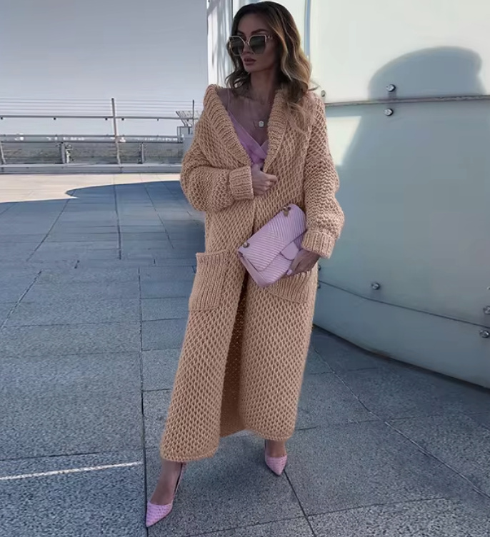 Lange Damen Strickjacke Cardigan Daniela mit Taschen in Beige&nbsp;Creme