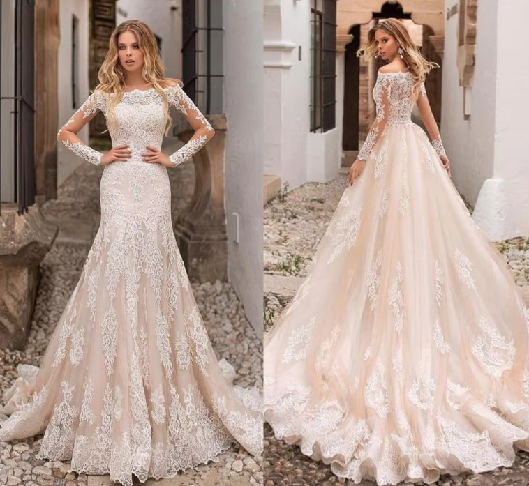 Meerjungfrau Langarm Brautkleid Damara in Champagne Elfenbein&nbsp;Beige