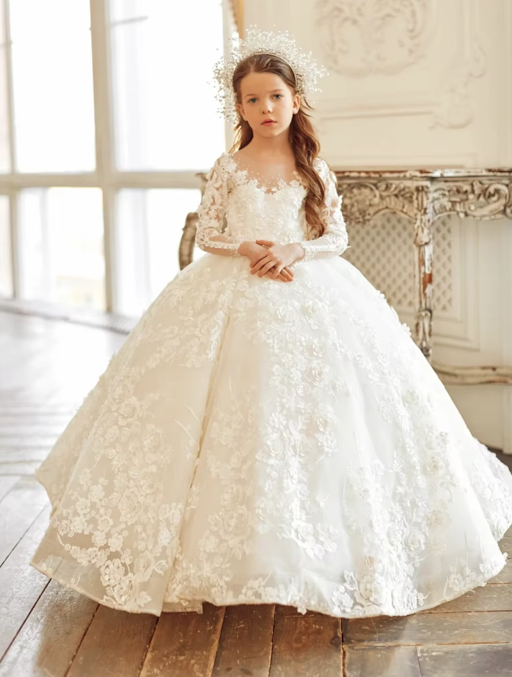 Prinzessin Langarm Ball Linie Blumenmädchenkleid Bodenlang mit Spitze und Schleppe&nbsp;Weiß