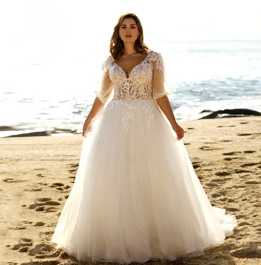 Puff Ärmel A Linie Organza Brautkleid Charlize mit V Ausschnitt Spitze und&nbsp;Tüll