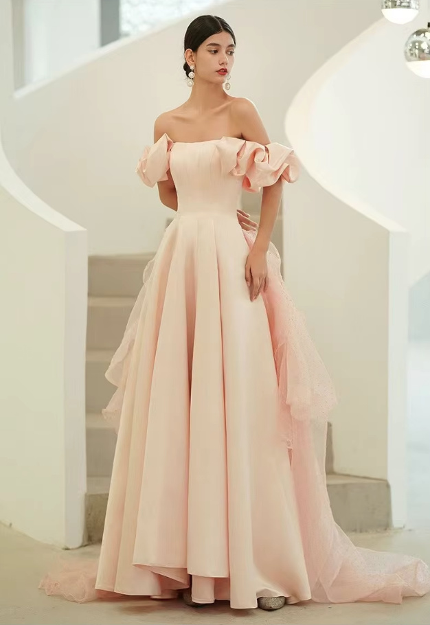 Romantisches A Linie Brautkleid Clarissa Schulterfrei in Zartrosa mit&nbsp;Schleppe