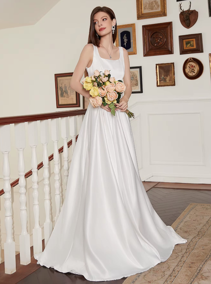 Schlichtes A Linie Satin Standesamtkleid Daline&nbsp;Bodenlang