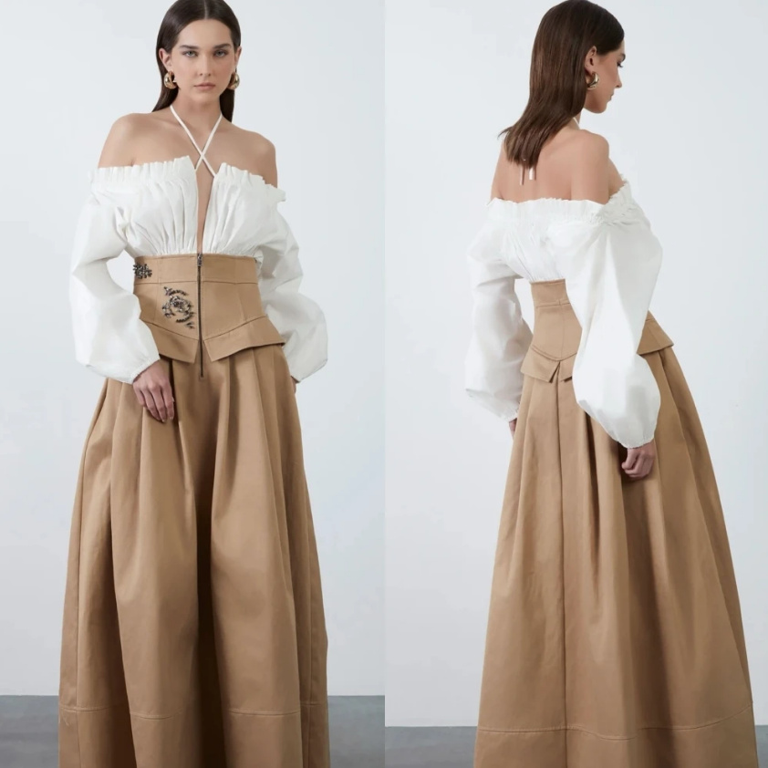 Schulterfreies A Linie Patchwork Kleid Elegant für Hochzeitsgäste in Weiß&nbsp;Braun