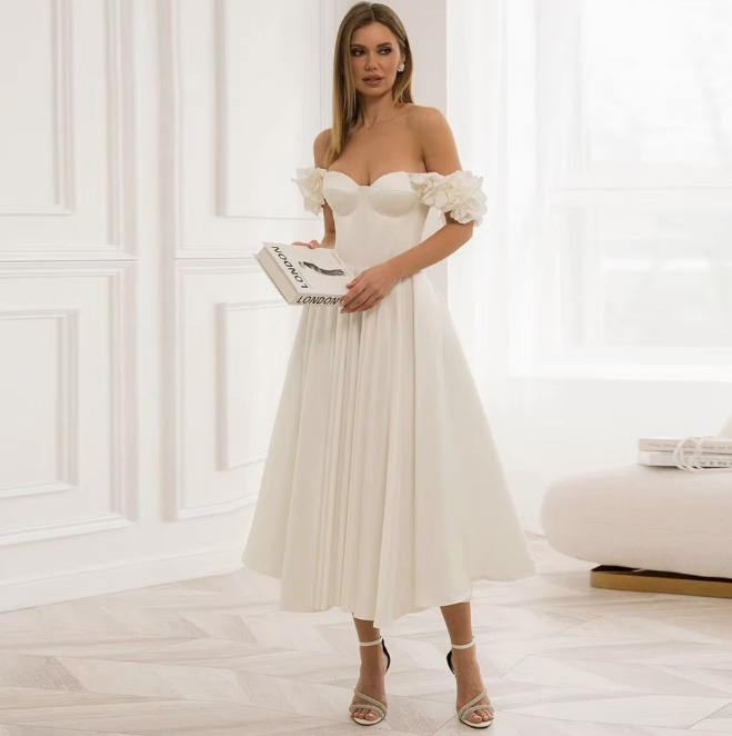 Schulterfreies A Linie Standesamtkleid Cydnee Wadenlang mit&nbsp;Blumen